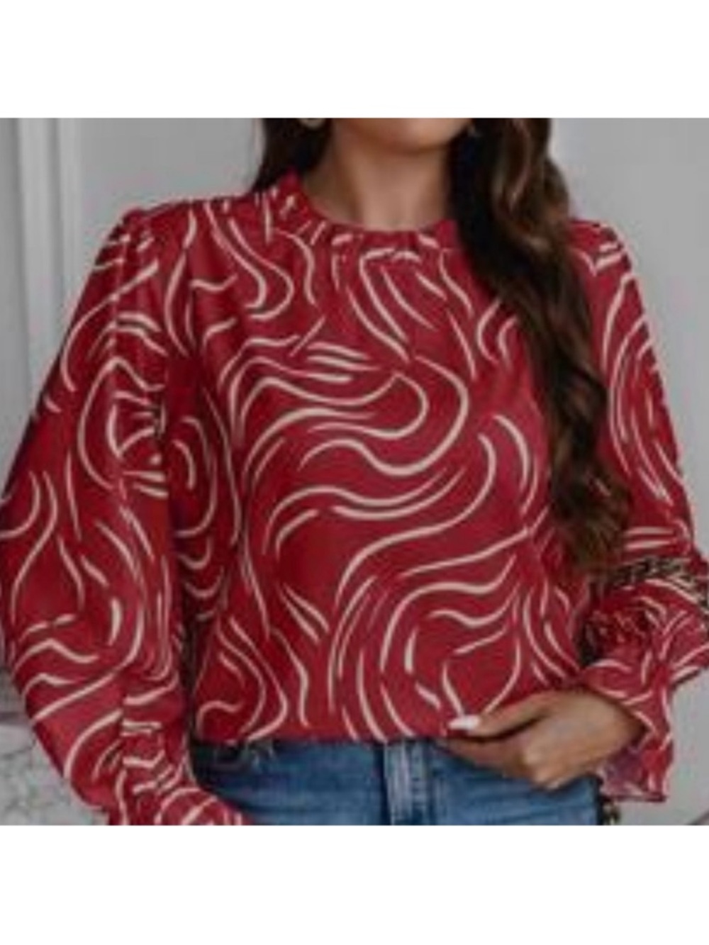 Red Swirl Print Long-Sleeve Blouse - Women's